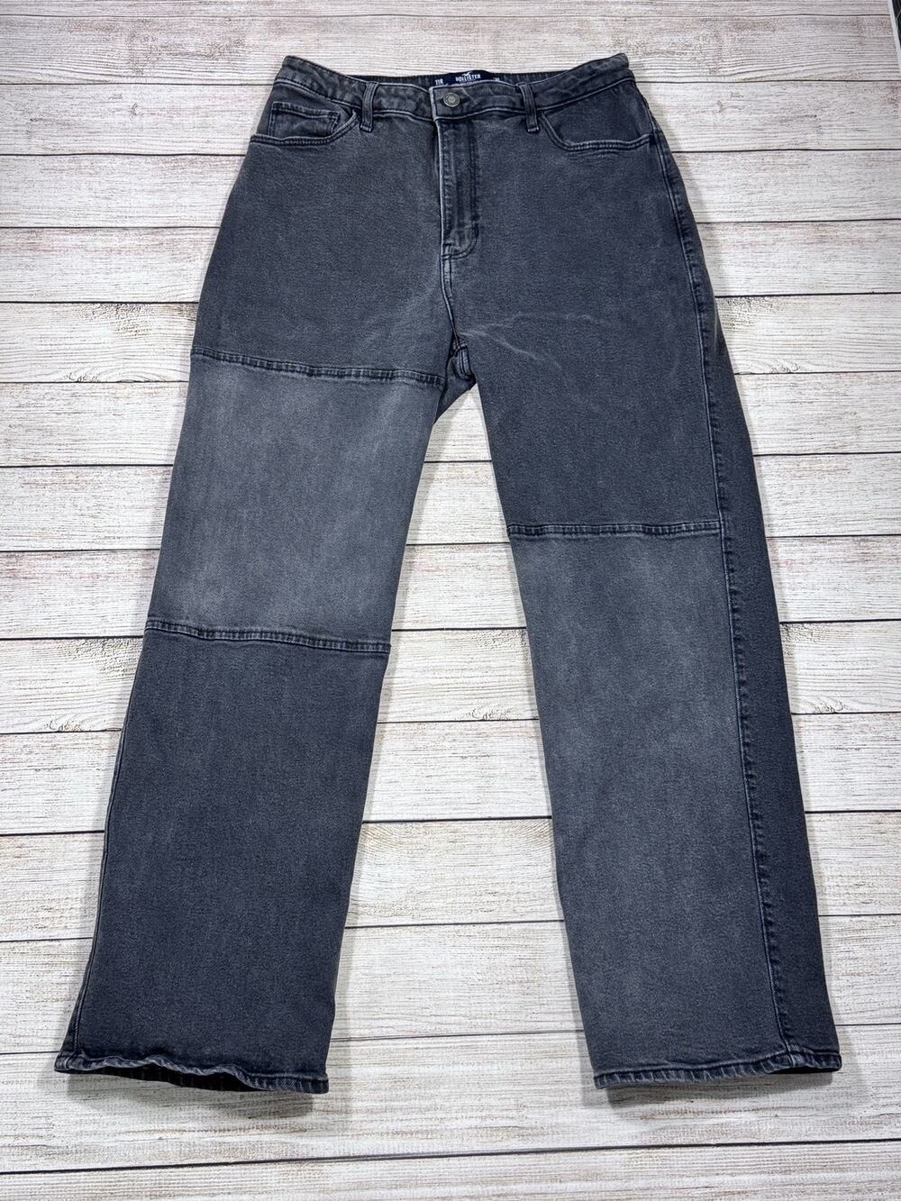 Hollister Ultra High-Rise Dad Jean 30 W Black Stretch Patch Straight Short
